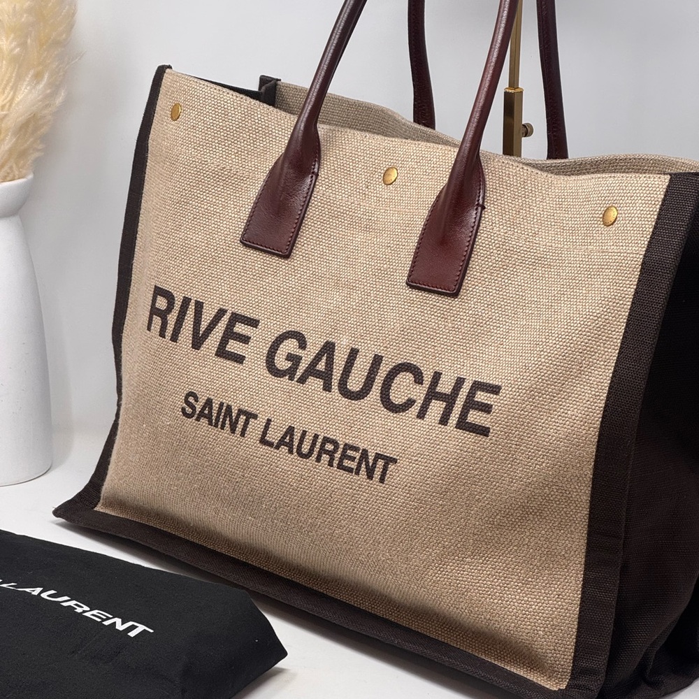 💯 Authentic SAINT LAURENT Linen Calfskin Rive Gauche Tote Natural - Picture 3 of 9